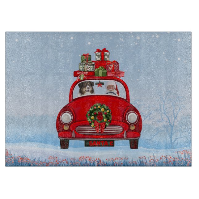 Australian Shepherd Dog In Car With Santa Claus Cutting Board (Front)