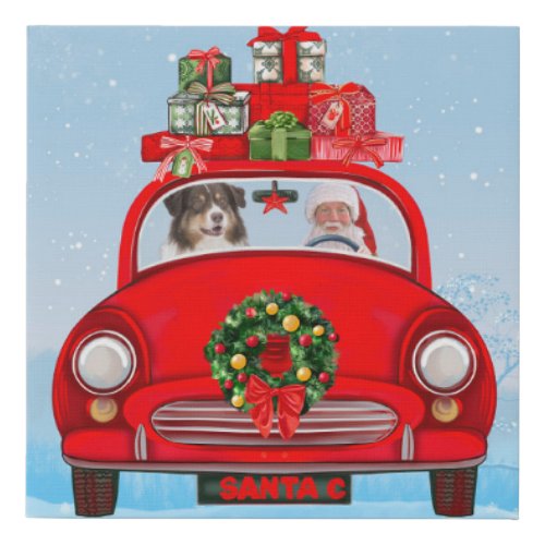 Australian Shepherd Dog In Car With Santa Claus  Faux Canvas Print