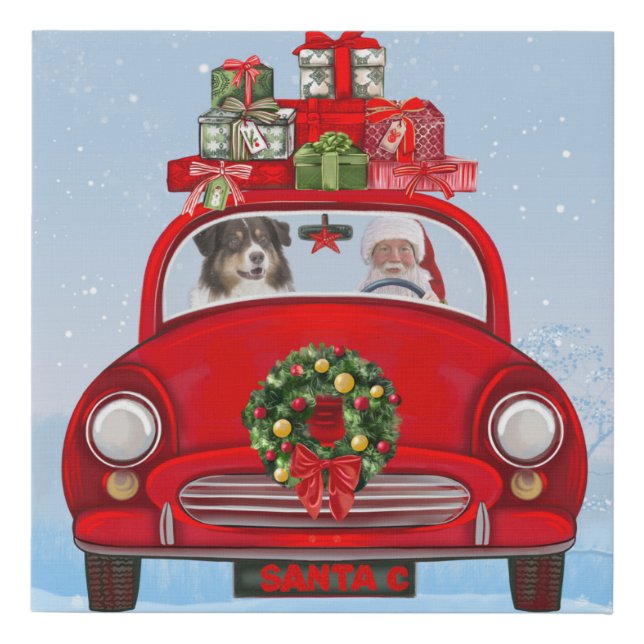 Australian Shepherd Dog In Car With Santa Claus  Faux Canvas Print (Front)