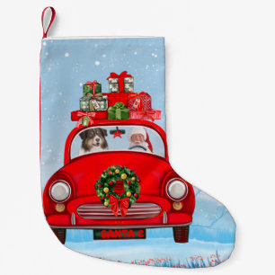 Australian Shepherd Dog In Car With Santa Claus Small Christmas Stocking