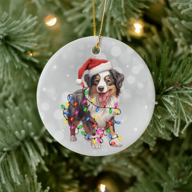 Australian Shepherd Dog in Christmas Lights Ceramic Ornament (Tree)