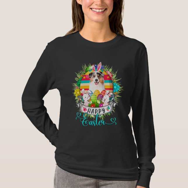 Australian Shepherd Dog In Easter Eggs Basket Happ T-Shirt (Front)