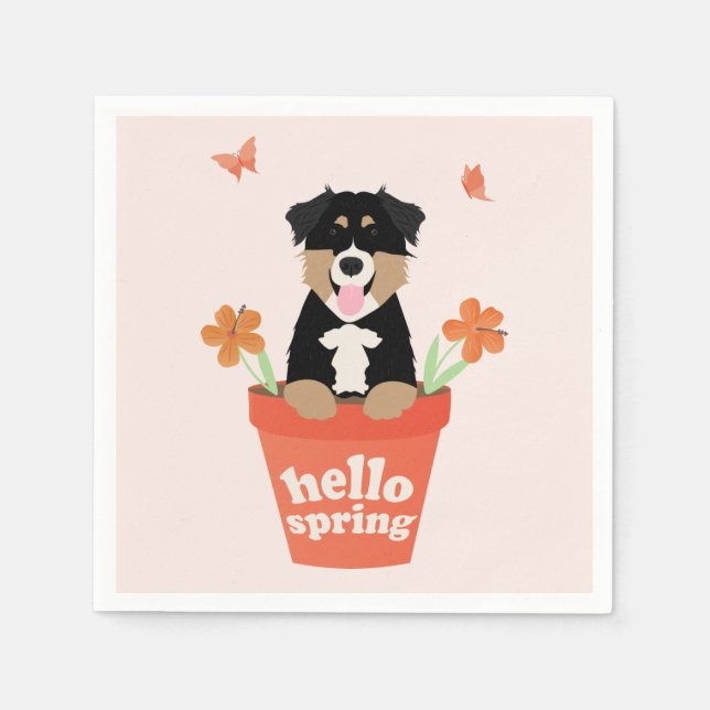 Australian Shepherd Dog In Flower Pot Napkins (Front)