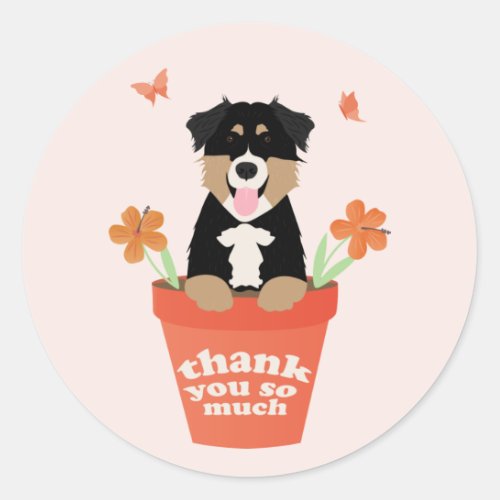 Australian Shepherd Dog In Flower Pot Thank You Classic Round Sticker