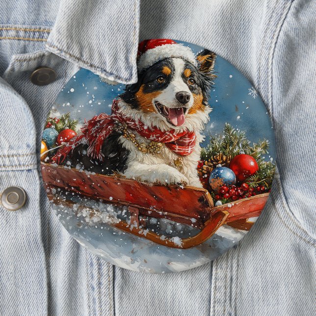 Australian Shepherd Dog in Sledge Chriistmas Button (In Situ)