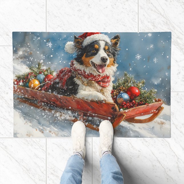 Australian Shepherd Dog in Sledge Chriistmas Doormat (Indoor)