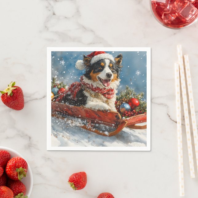 Australian Shepherd Dog in Sledge Chriistmas Napkins (Insitu)