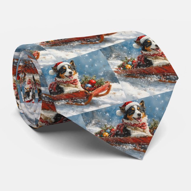 Australian Shepherd Dog in Sledge Chriistmas Neck Tie (Rolled)