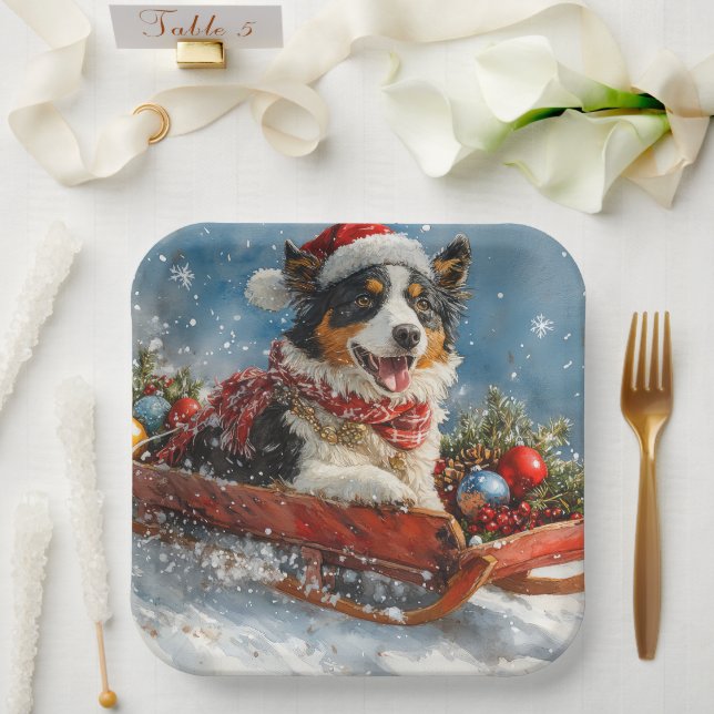 Australian Shepherd Dog in Sledge Chriistmas Paper Plates (Wedding)