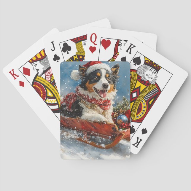 Australian Shepherd Dog in Sledge Chriistmas Poker Cards (Back)