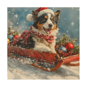 Australian Shepherd Dog in Sledge Chriistmas Wood Wall Art
