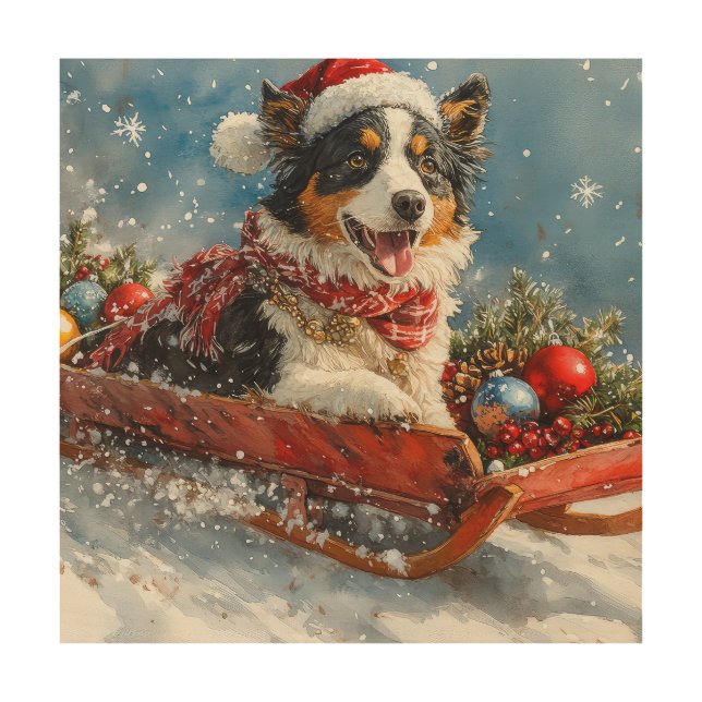 Australian Shepherd Dog in Sledge Chriistmas Wood Wall Art (Front)