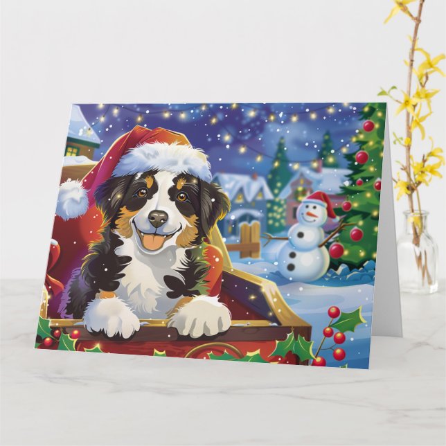 Australian Shepherd Dog in Sleigh Snow Christmas Card (Yellow Flower)