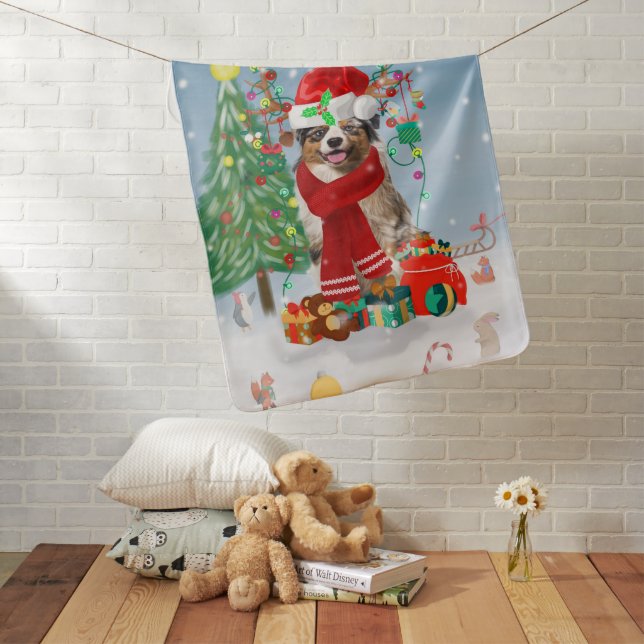 Australian Shepherd Dog in Snow Christmas  Baby Blanket (In Situ)