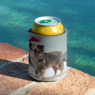 Australian Shepherd Dog in Snow Christmas Can Cooler