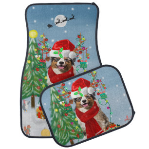 Australian Shepherd Dog in Snow Christmas Car Floor Mat