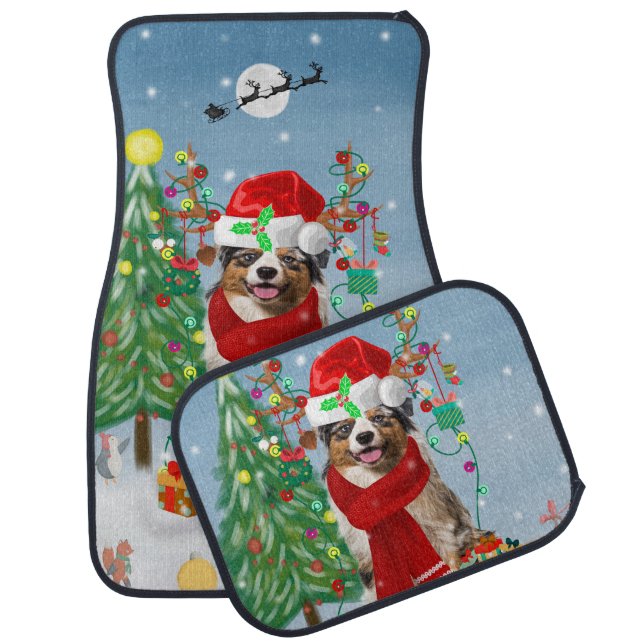 Australian Shepherd Dog in Snow Christmas  Car Floor Mat (Set)