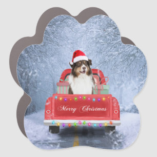 Australian Shepherd Dog in Snow Christmas Car Magnet