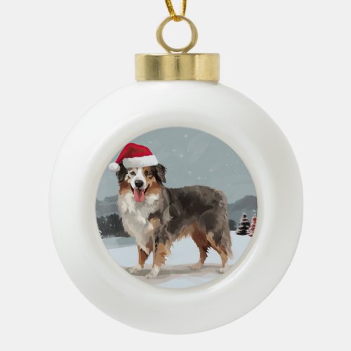 Australian Shepherd Dog in Snow Christmas  Ceramic Ball Christmas Ornament