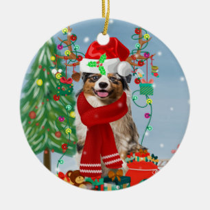 Australian Shepherd Dog in Snow Christmas Ceramic Ornament