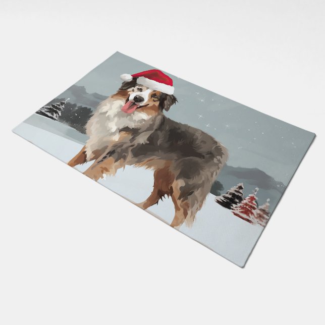Australian Shepherd Dog in Snow Christmas  Doormat (Angled)