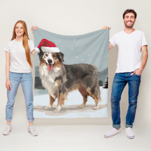 Australian Shepherd Dog in Snow Christmas  Fleece Blanket