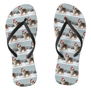 Australian Shepherd Dog in Snow Christmas Flip Flops