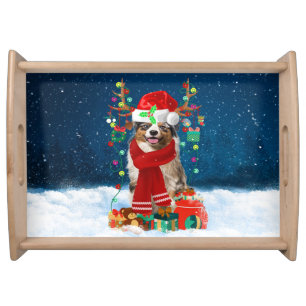 Australian Shepherd Dog in Snow Christmas Gift Serving Tray