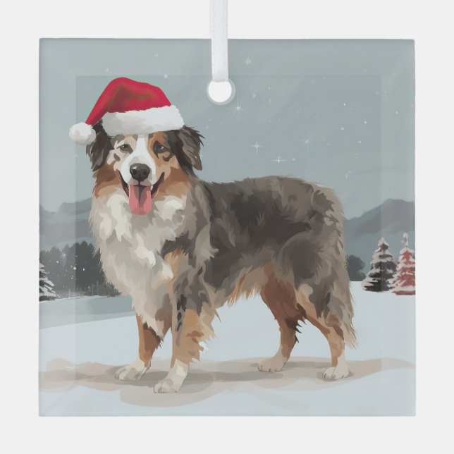 Australian Shepherd Dog in Snow Christmas  Glass Ornament (Front)
