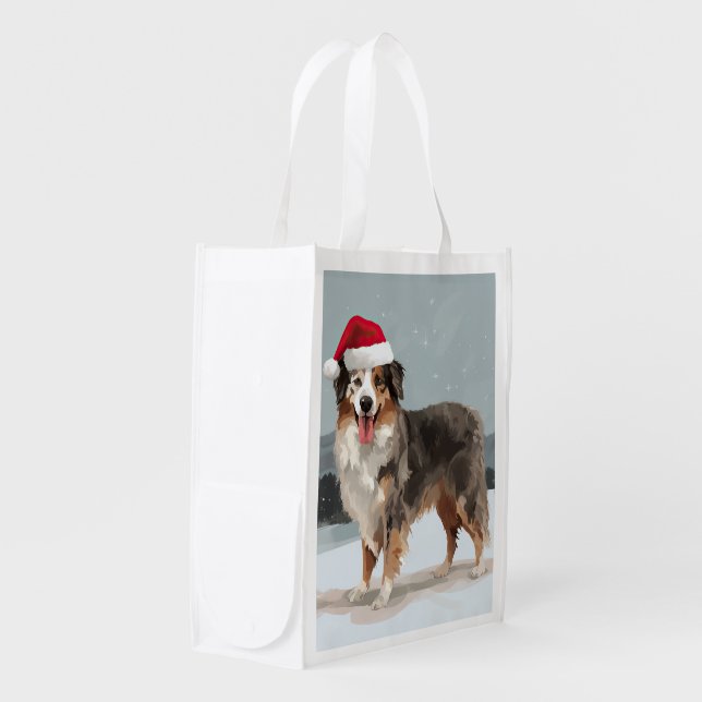 Australian Shepherd Dog in Snow Christmas  Grocery Bag (Front Side)