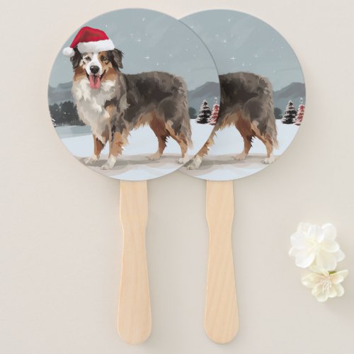 Australian Shepherd Dog in Snow Christmas  Hand Fan