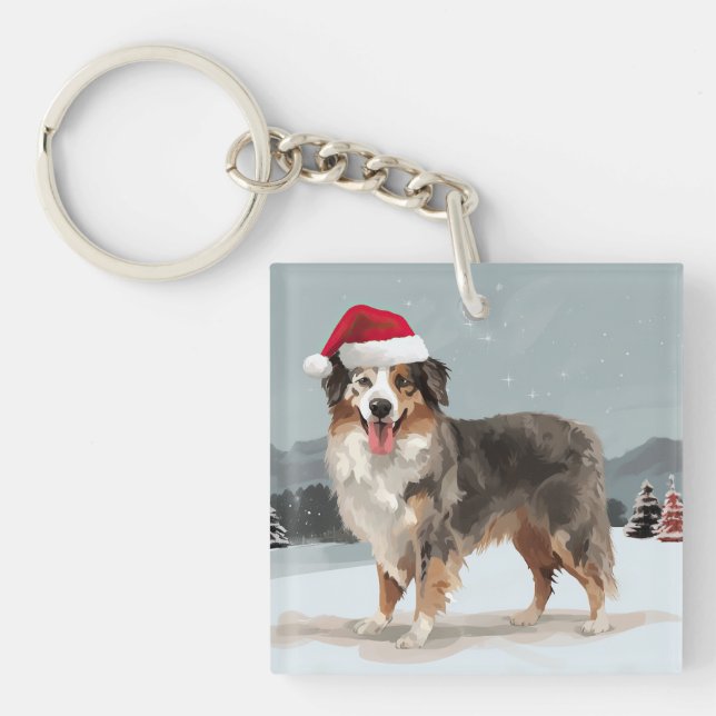 Australian Shepherd Dog in Snow Christmas  Keychain (Front)