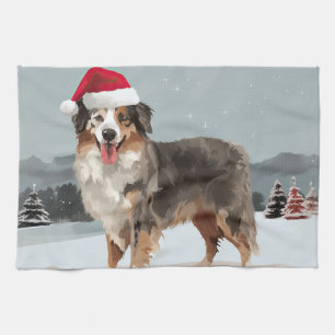 Australian Shepherd Dog in Snow Christmas Kitchen Towel