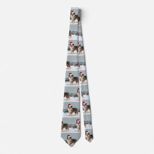 Australian Shepherd Dog in Snow Christmas  Neck Tie