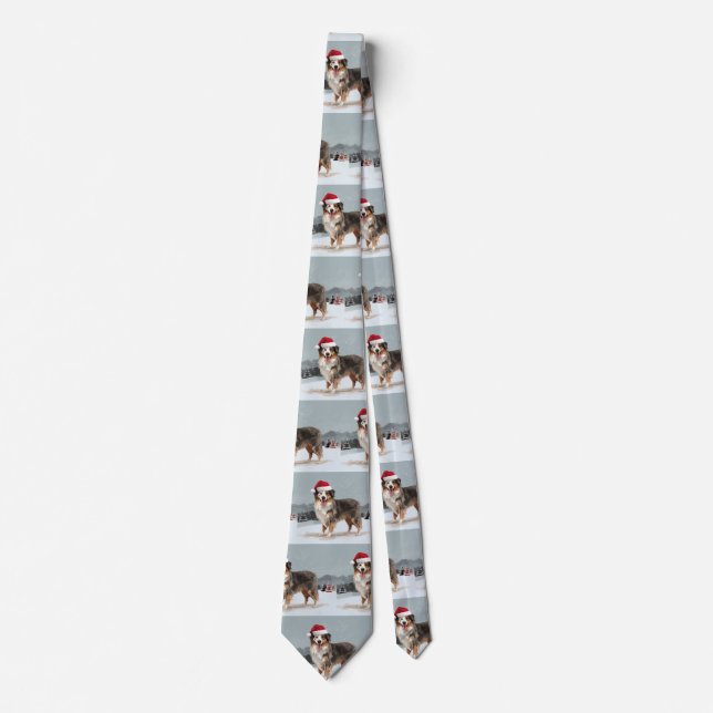 Australian Shepherd Dog in Snow Christmas  Neck Tie (Front)