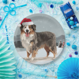 Australian Shepherd Dog in Snow Christmas  Paper Plates