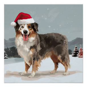 Australian Shepherd Dog in Snow Christmas Poster