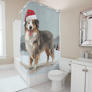 Australian Shepherd Dog in Snow Christmas Shower Curtain