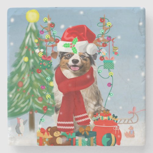 Australian Shepherd Dog in Snow Christmas Stone Coaster