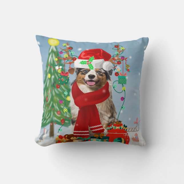 Australian Shepherd Dog in Snow Christmas  Throw Pillow (Front)