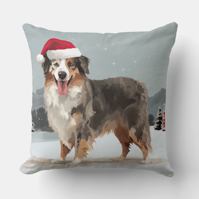 Australian Shepherd Dog in Snow Christmas  Throw Pillow (Front)