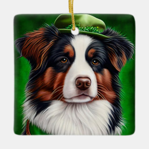 Australian Shepherd dog in St. Patrick's Day Dress Ceramic Ornament
