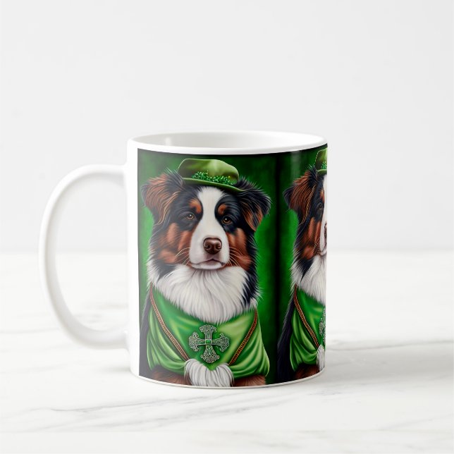 Australian Shepherd dog in St. Patrick's Day Dress Coffee Mug (Left)