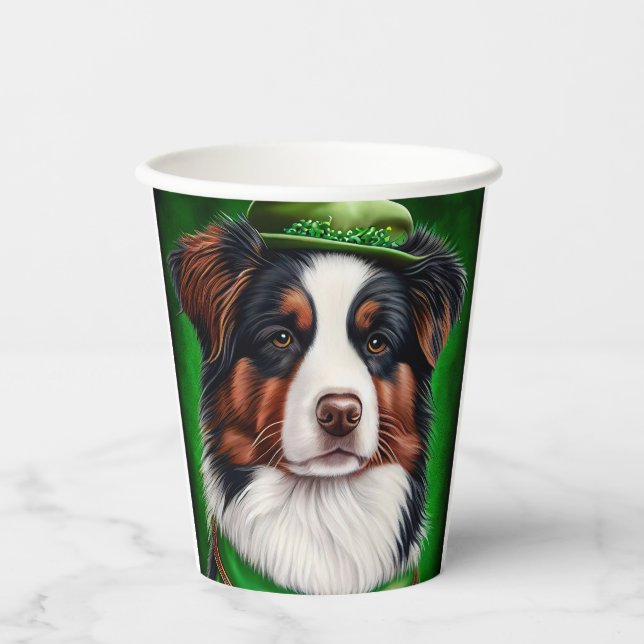 Australian Shepherd dog in St. Patrick's Day Dress Paper Cups (Front)