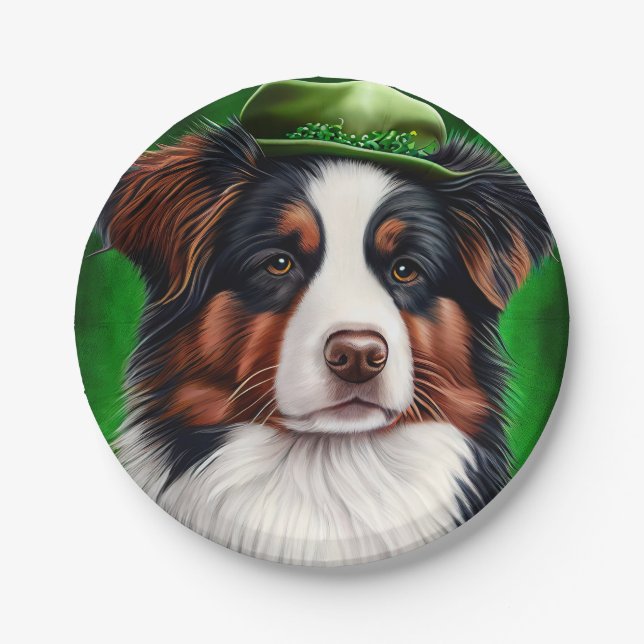 Australian Shepherd dog in St. Patrick's Day Dress Paper Plates (Front)