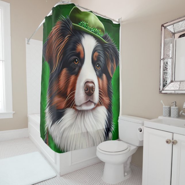 Australian Shepherd dog in St. Patrick's Day Dress Shower Curtain (In Situ)