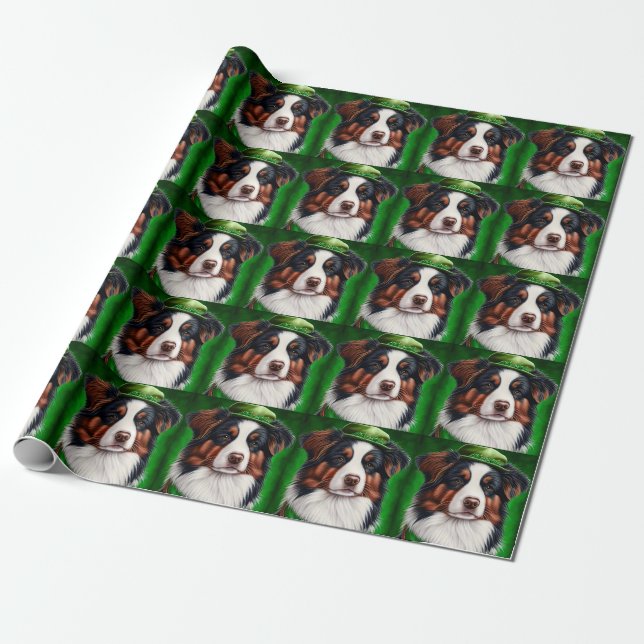 Australian Shepherd dog in St. Patrick's Day Dress Wrapping Paper (Unrolled)