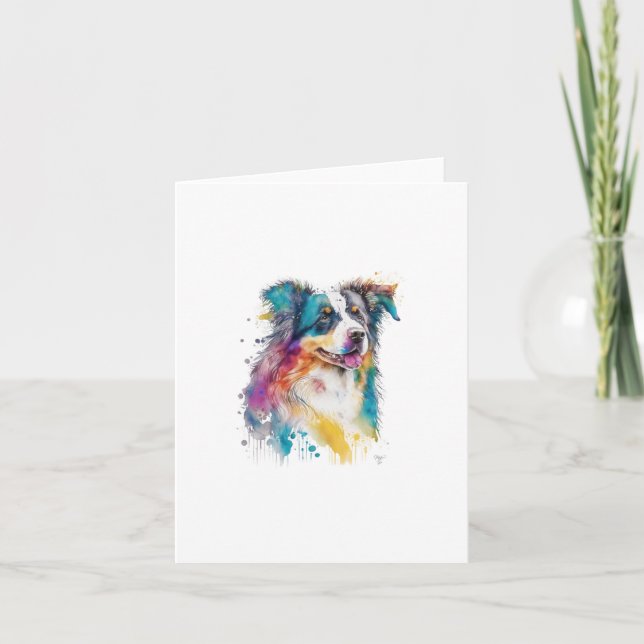 Australian Shepherd Dog In Watercolor & Pen Holiday Card (Front)