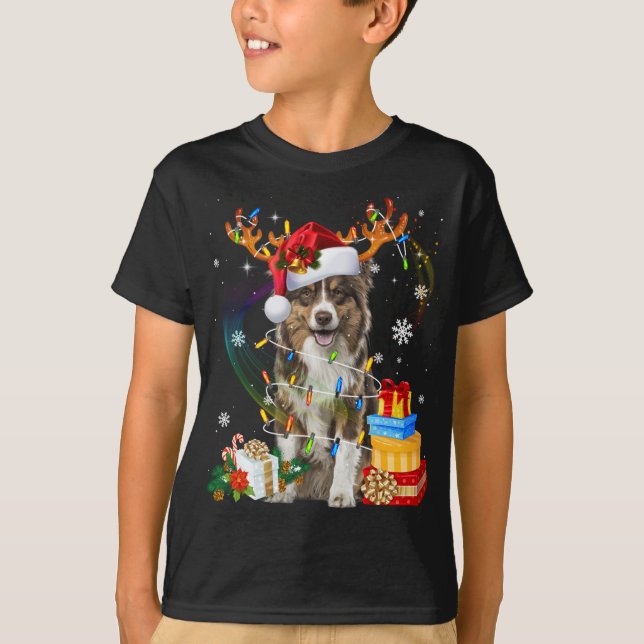 Australian Shepherd Dog Lights Santa Hat Sweater C (Front)