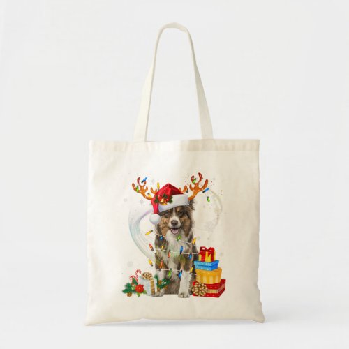 Australian Shepherd Dog Lights Santa Hat Sweater C Tote Bag